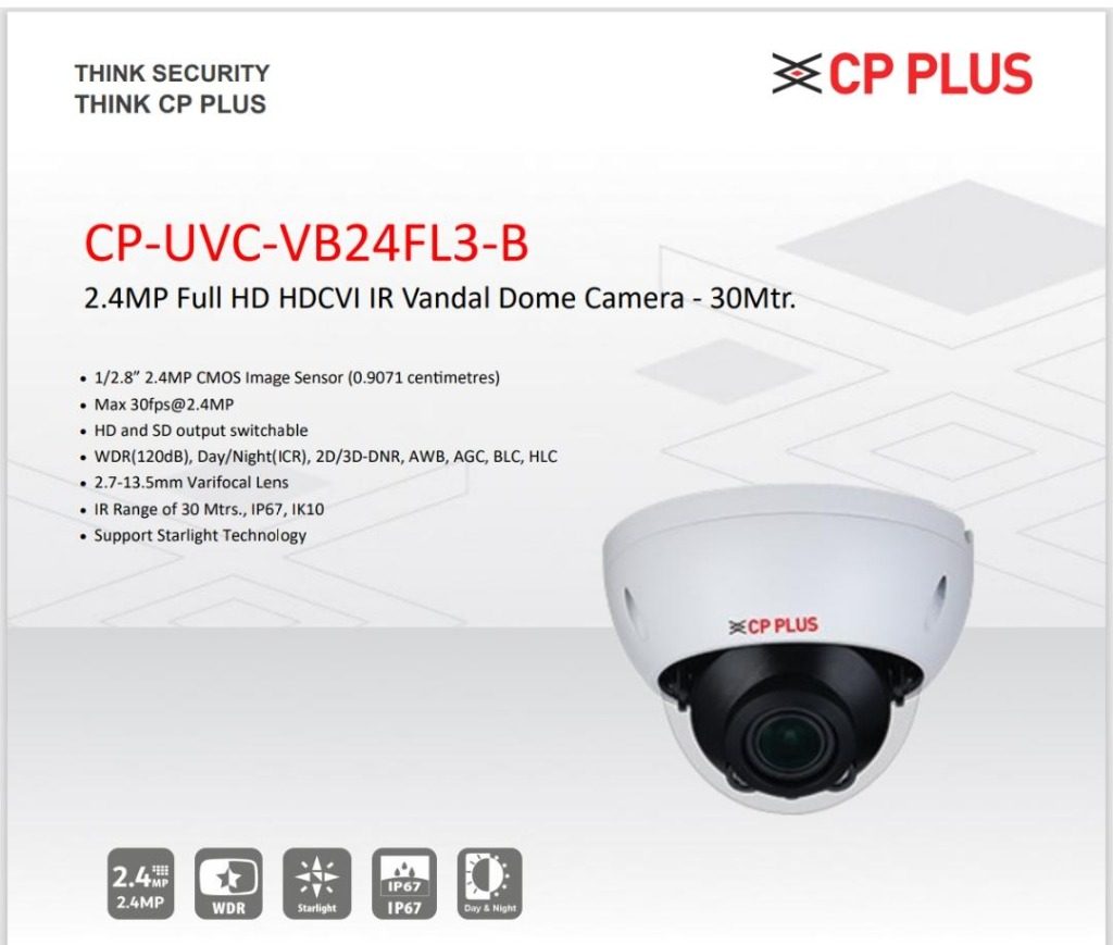 CP PLUS 2.4MP Full HD HDCVI IR Vandal Dome Camera